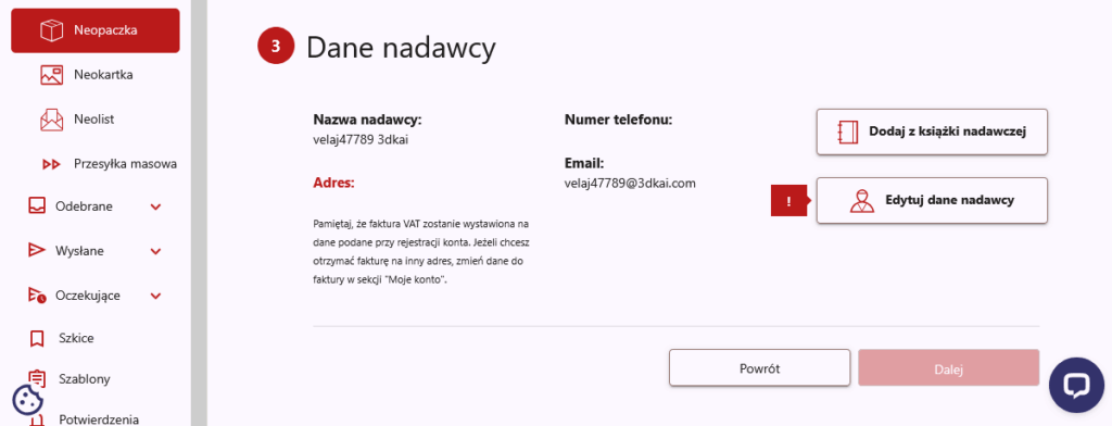 Neopaczka - dane nadawcy